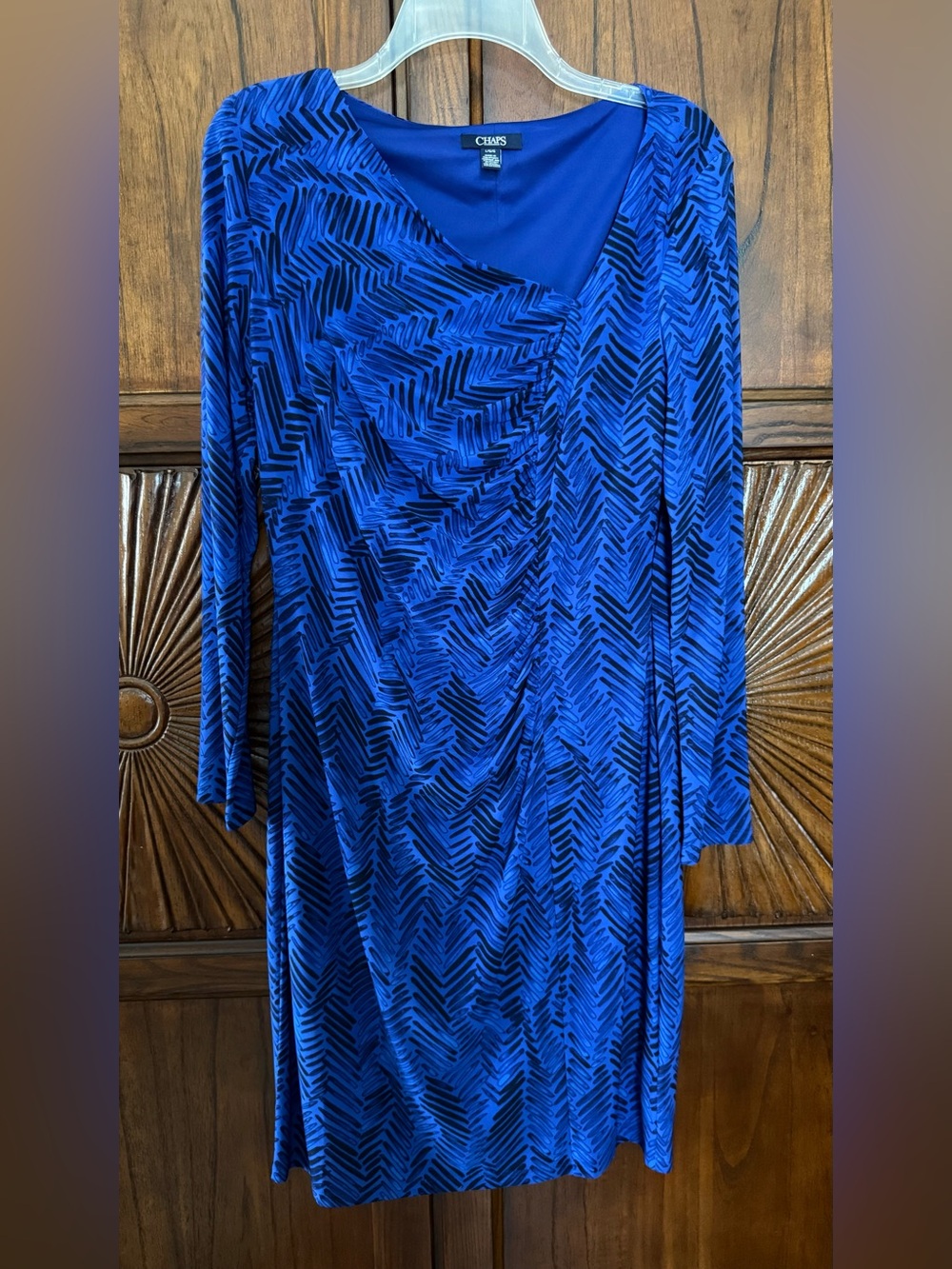 Chaps Blue Patterned Long Sleeve Asymmetrical Dress - Size Large